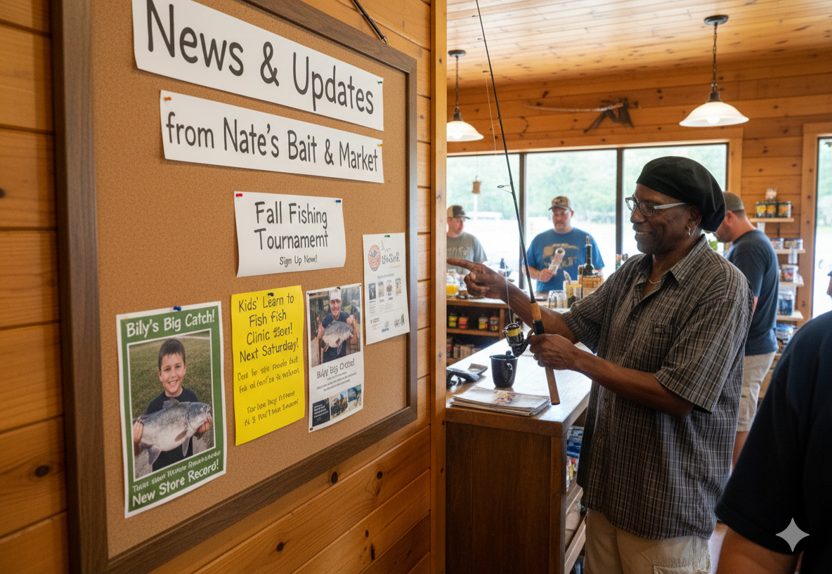 News and Updates sign inside Nate's Bait & Market