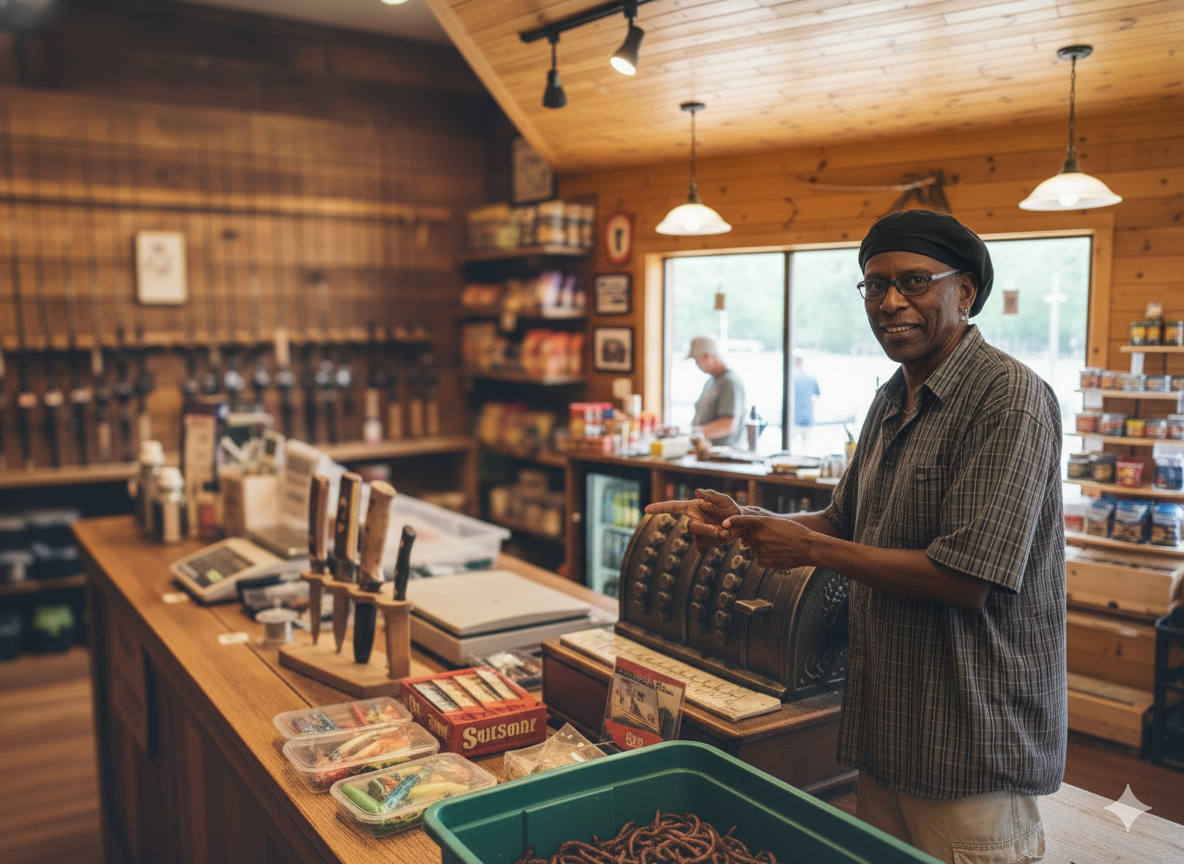 Nate at the counter of Nate's Bait & Market