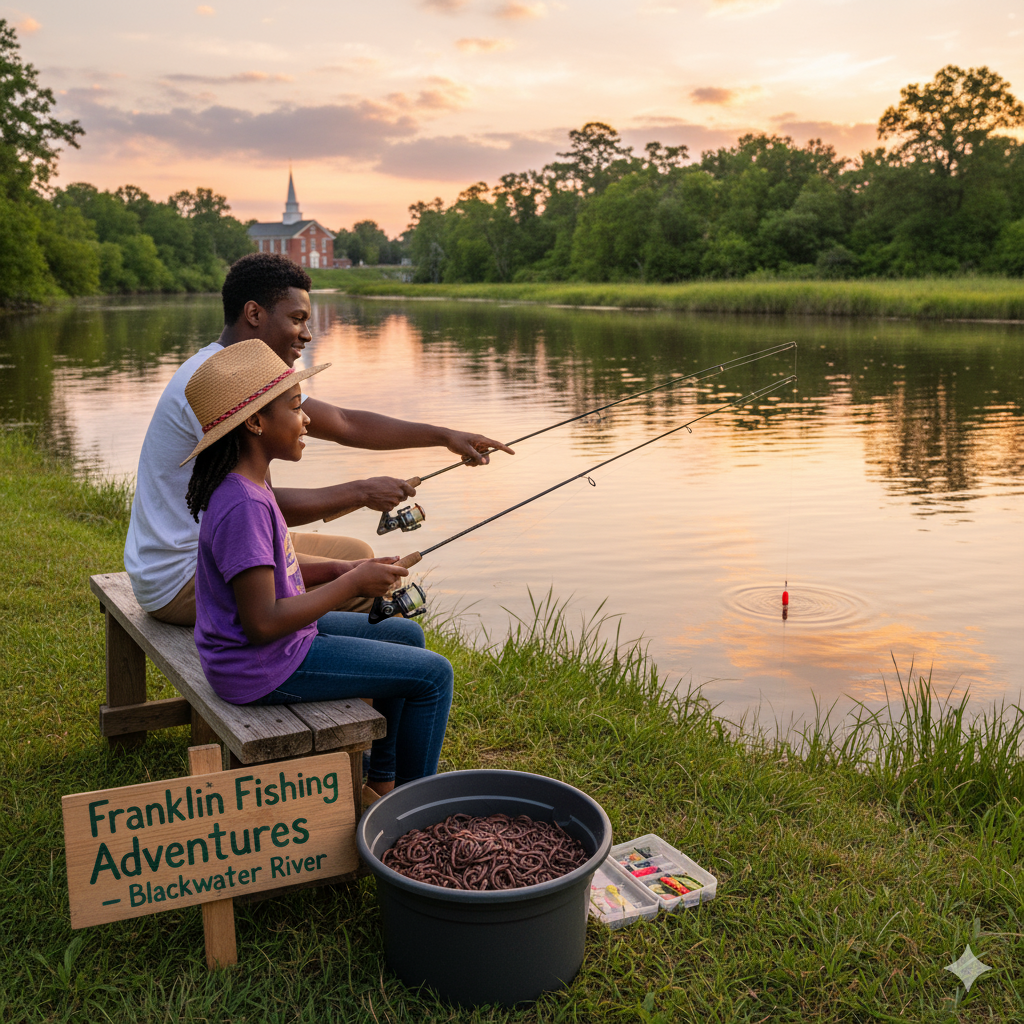 Family fishing at a pond at sunset