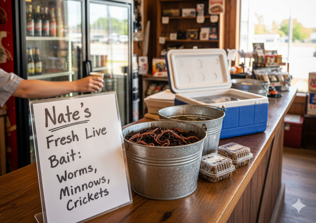 Nate's Fresh Live Bait sign inside the store